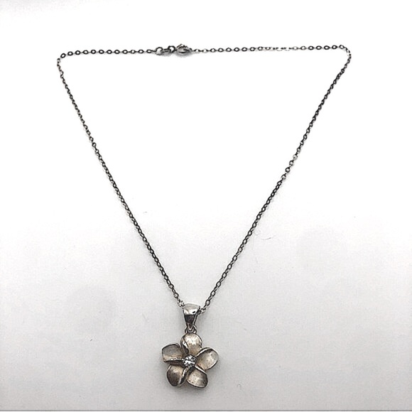 VTG Sterling Cz Floral Hawaiian Plumeria Flower Pendant & Short Chain 14” & .9” - Picture 1 of 7